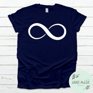 May include: A navy blue t-shirt with a white infinity symbol graphic.