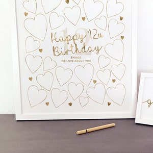 12.Geburtstags-Party Poster Gold, Dinge, die wir an Ihnen lieben, schreiben Sie in Herzen Fun Facts, Printable Schild 12 Jahre alte Dekorationen Jungen Mädchen Tween
