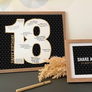 Libro degli ospiti per il 18° compleanno, poster "Condividi un ricordo", decorazione per la festa del 18° compleanno, numero 18 in oro stampabile.