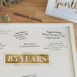 85 Years Signature Board, Gold Party Printable Sign Poster Happy 85th Birthday Well Wishes Treasured Memories Eighty-Five Years Memory Board