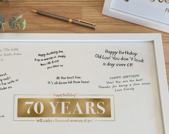 70th Signature Board, Gold Party Printable Sign Poster Happy 70 Year Old Birthday Well Wishes Treasured Memories, Seventy Years Memory Board