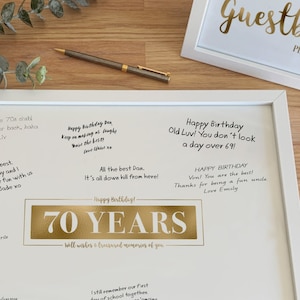 Cartello per la firma del 70° compleanno, cartello stampabile per feste in oro, auguri di buon compleanno per 70 anni, ricordi preziosi, cartello per i ricordi dei settant'anni