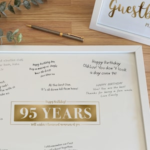 Tablero de firmas para el 95.º aniversario, cartel imprimible de fiesta dorada, feliz 95.º cumpleaños, buenos deseos, recuerdos preciados, tablero de recuerdos de noventa y cinco años.
