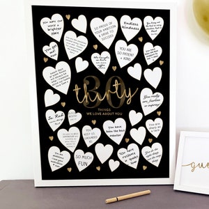 Black and Gold 30 Things We Love About You Message Poster Thirty Reasons Printable Template Decorations Men's 30th Birthday Signature Frame