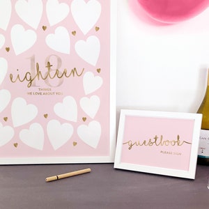 18th Birthday Gift For Her 18 Things We Love About You, Pink Gold Party Decoration Eighteen Years of Memories, Signing Board Printable Sign
