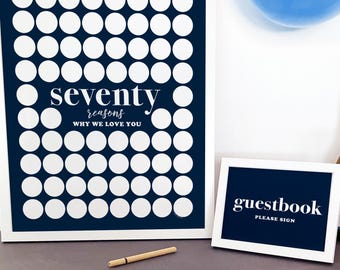 Puede incluir: Dos impresiones enmarcadas con marcos blancos. La impresión más grande tiene un fondo azul marino con círculos blancos y el texto "seventy reasons why we love you". La impresión más pequeña dice "guestbook please sign". También hay un bolígrafo, una botella de vino y copas.