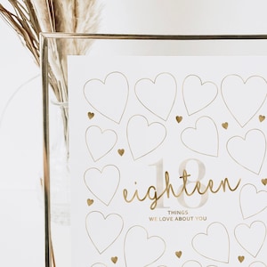 18 Things We Love About You Gold Printable Poster 18th Birthday Party Decorations Women, Write In Sign Heart Guest Book Eighteen Reasons Why