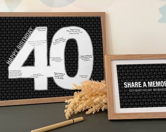 Silver 40th Birthday Party Guest Book Alternative, Share A Memory Sign In, Number 40 Happy Birthday Printable Decorations For Men