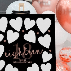 Rose Gold and Black 18 Things We Love About You Printable Hearts Sign In Guest Book Women&#39;s 18th Birthday Gift Eighteen Reasons We Love You