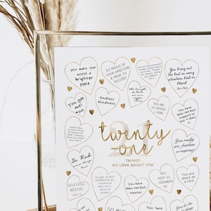 21 Dinge, die wir an Ihnen lieben Printable 21. Geburtstag Party Dekorationen Gold Schild Frauen, Schreib Herzen Gästebuch Tafel Einundzwanzig Gründe Warum