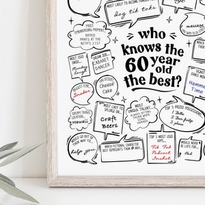 Spaß 60. Geburtstag Quiz, Wer kennt den 60-jährigen das Beste, druckbare herunterladbare Party-Plakat, Gastmelden Sie sich im Spiel-Andenken-Plakat an