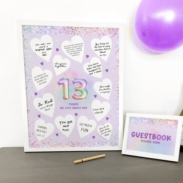 13 Things We Love About You Printable Sign, 13th Birthday Decorations Girls Purple Pastel Rainbow, Sign Hearts, Teenager Party, Digital