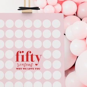 50th Birthday Gift for Her, Printable Poster Write In Circles 50 Memories or Compliment Reasons You Love, Pink Red Party Decor for Women