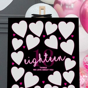 ゲスト用ホットピンクの18歳の誕生日サイン | 私たちが大好きな18のこと（印刷可能）