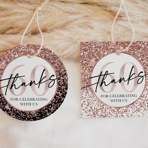60.Geburtstag Geschenkanhänger, Danke fürs Feiern 60 Jahre Party Dekoration Rosegold Schwarz Glitzer Konfetti, printable Download