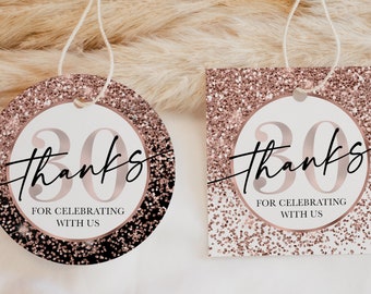 30th Birthday Favor Tags, Rose Gold Black White Glitter Party Decorations Confetti, Thanks for Celebrating 30 Years Gift Label Printable
