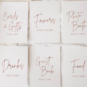 Paquete de 6 letreros de mesa de cumpleaños en oro rosa, tarjetas, regalos, recuerdos, fotomatón, libro de visitas, señalización de bebidas y comida, paquete digital imprimible.