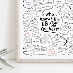 Alternativa al libro degli ospiti per il diciottesimo compleanno, divertente gioco con questionario di compleanno, poster stampabile per la festa, chi conosce il migliore diciottenne?