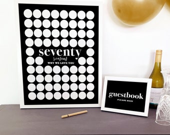 70 Reasons Why We Love You Printable, Men's 70th Birthday Sign In Circles, Seventy Black and White Party Decor
