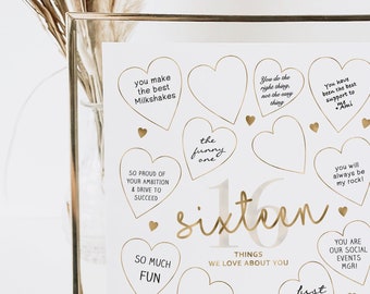 16 Things We Love About You Gold Party Decor, Printable Sign 16th Birthday Decorations Boys or Girls, Hearts, Sweet Sixteen Teenage Digital