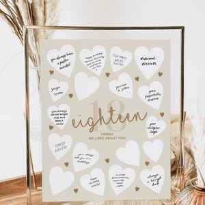 18 cosas que amamos de ti, decoraciones para el 18.º cumpleaños de una niña, hija o amiga, decoración de fiesta bohemia beige, póster imprimible de dieciocho razones.