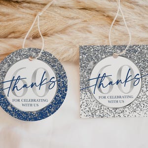 Navy Blue Silver 60th Birthday Favor Tags | Thanks for Celebrating 60 Years Gift Labels Party Decor Glitter (Printable)