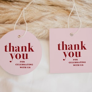 Rosa und rote Dankeschön-Schmuckanhänger, danke für das Feiern mit uns, modernes minimalistisches Retro-Geburtstagsfeierdekor, alle Gelegenheiten jedes Alters