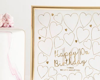 10th Birthday Printable Sign, Things We Love About You, 30 Hearts Write In Gold Party Decor 10 Year Old Decorations Boys Girls Tween DIGITAL