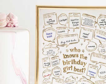 Birthday Quiz for Her, Who Knows The Birthday Girl Best, Modern Gold Birthday Printable Poster Sign, Digital Download How Well Do You Know
