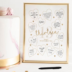 Décoration de fête dorée, 13 choses que nous aimons chez vous, enseigne imprimable, décorations de 13e anniversaire garçons ou filles, cœurs, préadolescent à adolescent, numérique