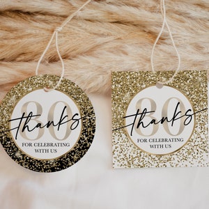 80th Birthday Favor Tags, Gold Black White Glitter Party Decorations Confetti, Thanks for Celebrating 80 Years Gift Label Printable Download