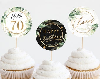 Décorations pour cupcakes 70e anniversaire verdure, faux gâteau décoratif en feuille d'or botanique, bonjour 70 ans à votre santé, étiquettes rondes et carrées, autocollants