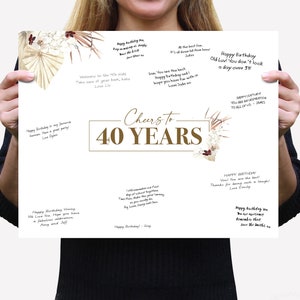 40th Signature Board for Guests to Write In, Women's Birthday Printable Printable, Boho Beige Floral Pampas Dried Palm Cheers To 40 Years