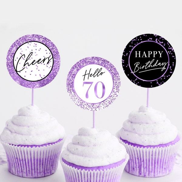 Purple Cupcake Toppers Round and Square Tags, 70th Party Decor Lilac Confetti Glitter, Hello 70 Happy Birthday Cheers Printable Download