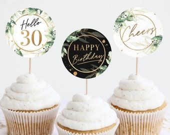 30th Birthday Cupcake Decorations Greenery Botanical Gold Foil Faux Cake Decor, Round and Square Tags Sticker Labels Hello 30 Years Cheers
