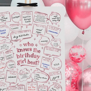 Wie kent de jarige het beste, verjaardagquiz, hoe goed ken je haar feestspelactiviteit voor gast, modern roze verjaardagsbord