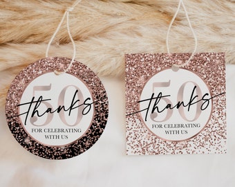 50th Birthday Favor Tags | 50 Years Gift Label | Rose Gold Black Glitter (Digital Download)