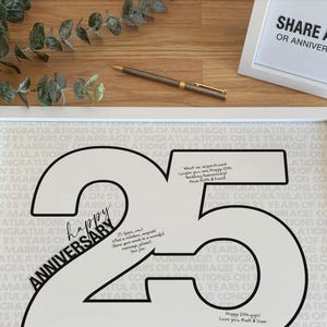 Cartello per il 25° anniversario di matrimonio, poster del libro degli ospiti su cui scrivere un messaggio personalizzato per i 25 anni di matrimonio, stampabile con forma a 25 numeri
