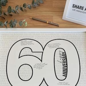 Panneau du 60e anniversaire de mariage, affiche du livre d'or à écrire sur un message personnalisé pour les 60 ans de mariage, forme soixante chiffres imprimable