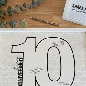 Letrero para fiesta de décimo aniversario de bodas, libro de visitas para escribir en lata con mensaje personalizado, 10 años de matrimonio, número 10 imprimible.