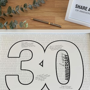 Letrero para 30.º aniversario de bodas, póster para libro de visitas con mensaje personalizado, perla, 30 años de matrimonio, número treinta imprimible.