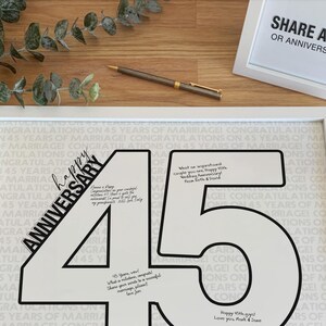 Cartello per il 45° anniversario di matrimonio, poster del libro degli ospiti su cui scrivere un messaggio personalizzato per Sapphire 45 anni di matrimonio, forma del numero stampabile