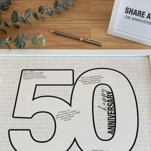 結婚 50 周年記念サイン、結婚 50 周年のメッセージを書き込めるゲストブック ポスター、50 の数字の形を印刷可能
