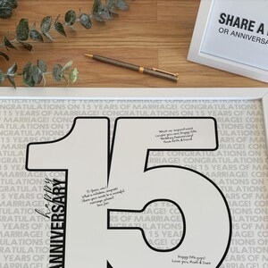 Letrero para el 15.º aniversario de bodas, póster para libro de visitas con mensaje personalizado para 15 años de matrimonio, imprimible con forma de 15 números.