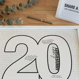 Placa de 20º aniversário de casamento, pôster de livro de visitas para escrever mensagem personalizada para 20 anos de casamento, formato de 20 números para impressão