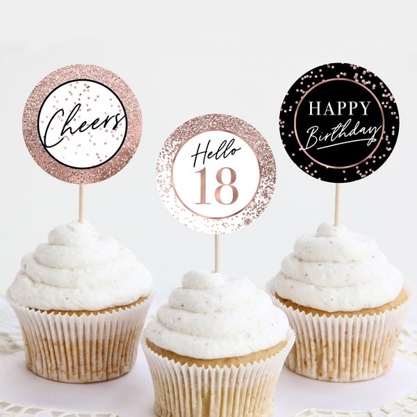 Cupcake Toppers for 18th Birthday, Rose Gold Confetti Party Decoration Black Round Tags Sticker Labels Hello 18 Cheers Eighteen Printables