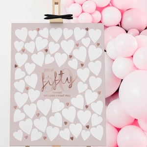 50. Geburtstags-Schild, Rosegold, Pink: 50 Dinge, die wir an dir lieben Gäste-Pinnwand (printable) Bild 13