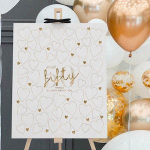 Gold 50 Things We Love About You Printable 50th Birthday Sign for Women, Write In Guest Book Signature Board Frame Fifty Reasons Why Poster