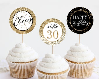 30th Birthday Cupcake Toppers Gold Glitter Black Birthday Party Decorations Confetti Metallic, Favors 30 Years, Happy Birthday Hello Thirty