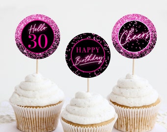 Hot Pink 30th Birthday Cupcake Toppers, Neon Party Decor Hello 30 Years Happy Birthday Circle Tags Printable Thirty Glitter Black Confetti